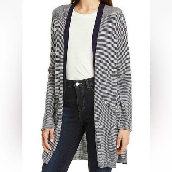 ATM Striped Longline Silk Cashmere Blend Cardigan Sweater Women's XS Navy White‎ - Picture 1 of 11